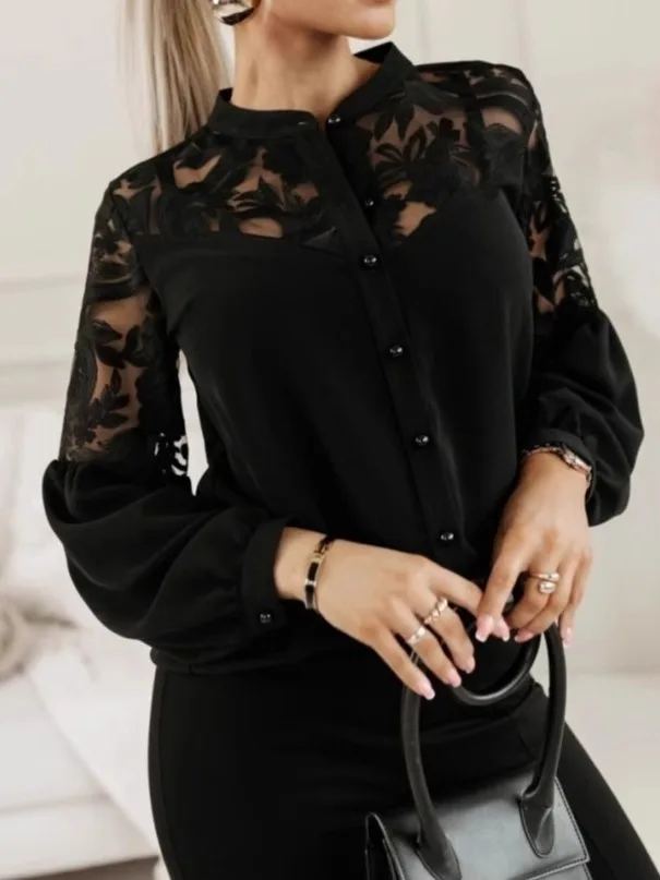 

Женская однотонная блузка с кружевными вставками, повседневная, с длинным рукавом, стандартного кроя, для летнего сезона, китайского производства