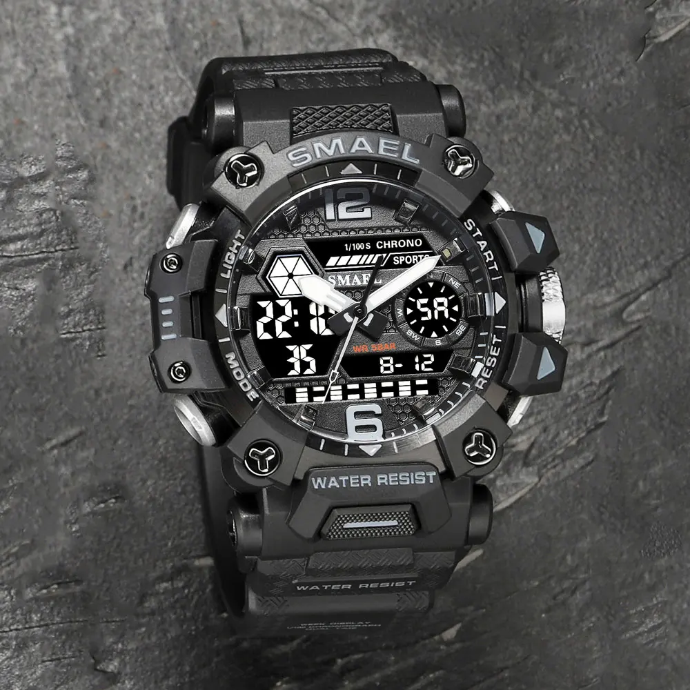 Smael Sport Dual Time Horloges Voor Mannen Waterdichte Klok Militaire Blue Back Light Led Display Alarm Stopwatch Horloge Mannelijke Gift