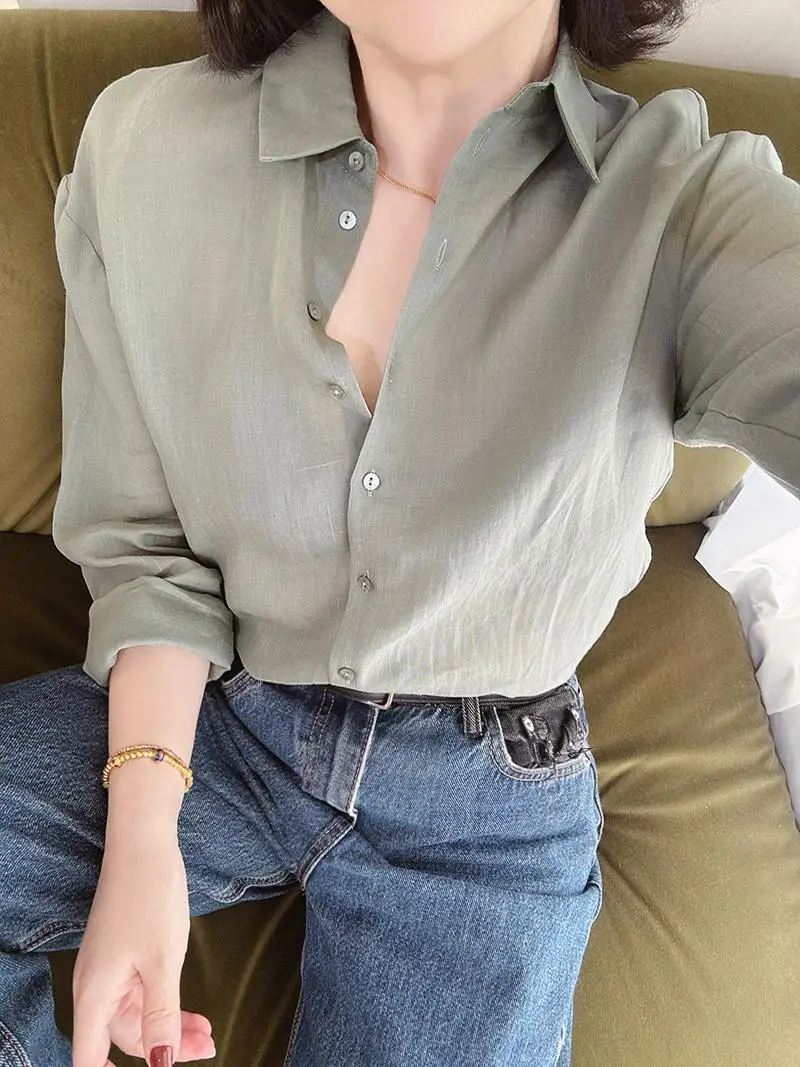 

Misty Oxygen Atmosphere Light Green Lazy Comfortable Retro Artistic Transparent Flax Simple Basic Long Sleeve Shirt for Women