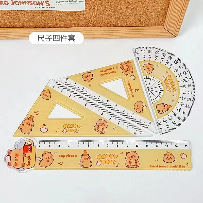 Cute 4Pcs/Set Capybara Drawing Ruler Measurement Geometry Triangle Ruler Straightedge Protractor variety Rulers Stationery