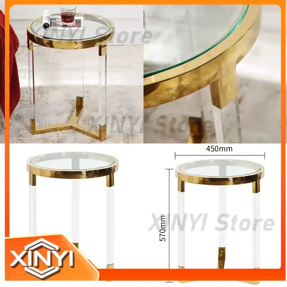 Edge Corner Acrylic Tempered Glass Modern Luxurious Transparent Sofa Living Room Small Round Table Stainless Steel Furniture