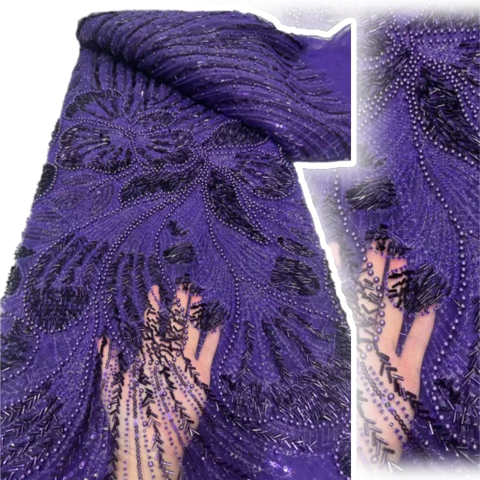 

2026 High-Quality Nigerian African Beaded Lace Fabric Sequin French Tulle Lace Wedding Fabric Dress Sewing Material 5 Yards 1930