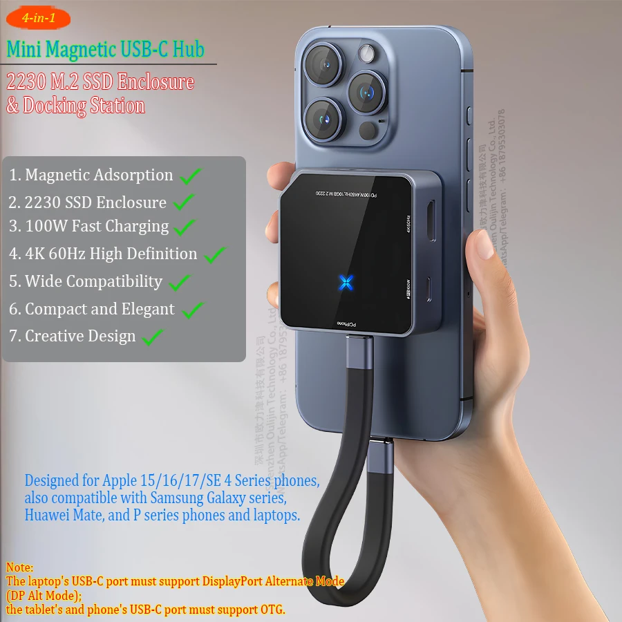 

Магнитный концентратор USB-C со слотом для SSD PD100W 10 Гбит/с, телефонным адаптером HDMI 4K 60 Гц, док-станцией для SSD 2230 M2 для iPhone 17/16/15, ноутбука, планшета