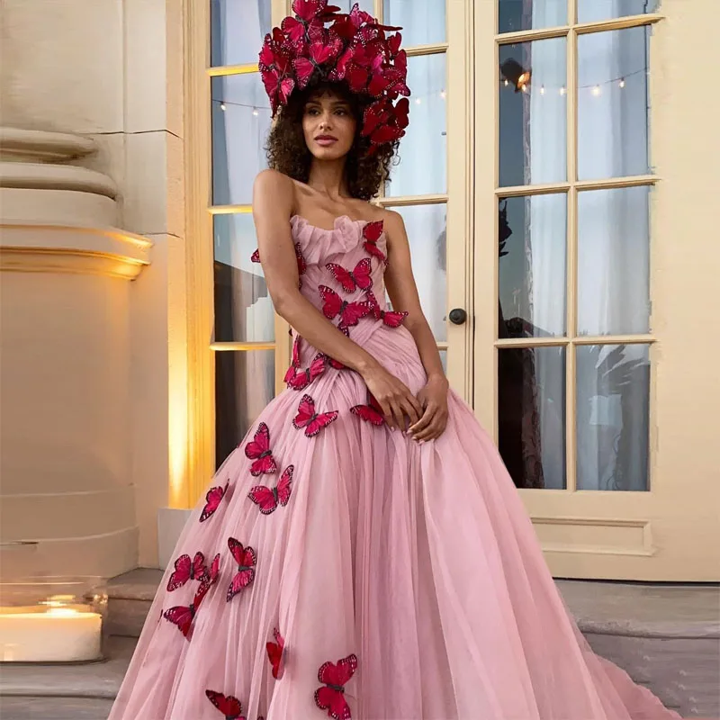 

Pink Charming Pretty Elegant Prom Dresses Sleeveless Butterfly Appliques Long Tulle Ball Gown Women Evening Party Custom Gowns