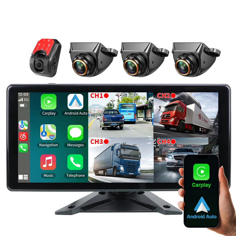 Wireless Carplay Android Auto10.36'' 4 Split Screen Dash Cam  with 1080P Mini Front Rear Camera For Truck Trailer Bus RVs