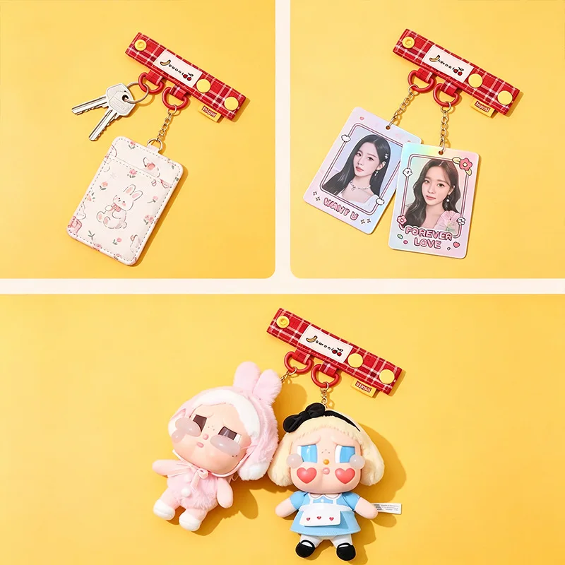 Plaid Double Ring Keychain Cute Ins Girly Bag Charm, Snap Button Anti-lost Backpack Pendant Accessory