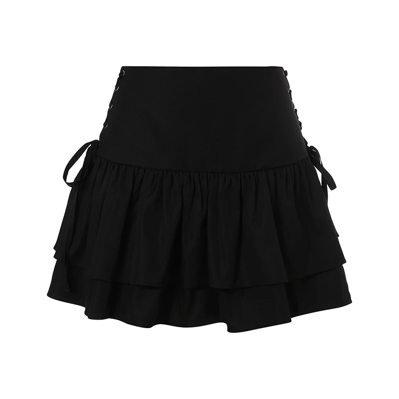 Women s Ruffle Mini Skirt High Waist Solid Color Criss Cross Tie Up A-Line Short Skirt