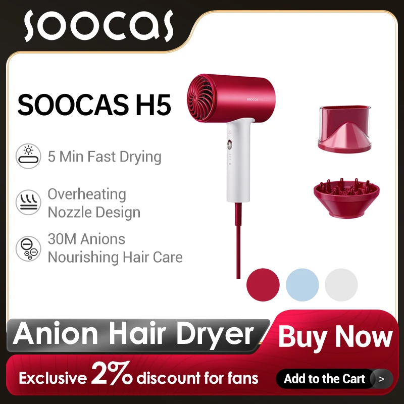 Clearance Sale SOOCAS H5 RH1 Hair Dryer  Portable Intelligent Thermostatic  High Power Negative Ion Hair Dryer