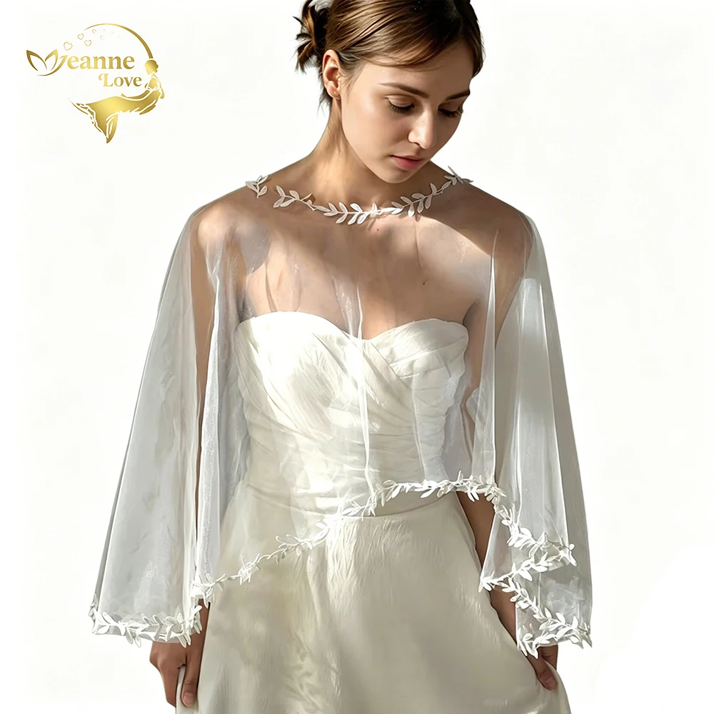 Wedding Tulle Capelet with Lace Applique Sheer Bridal Bolero Shrug with 3/4 Sleeves Elegant Cover Up for Evening Party Dress