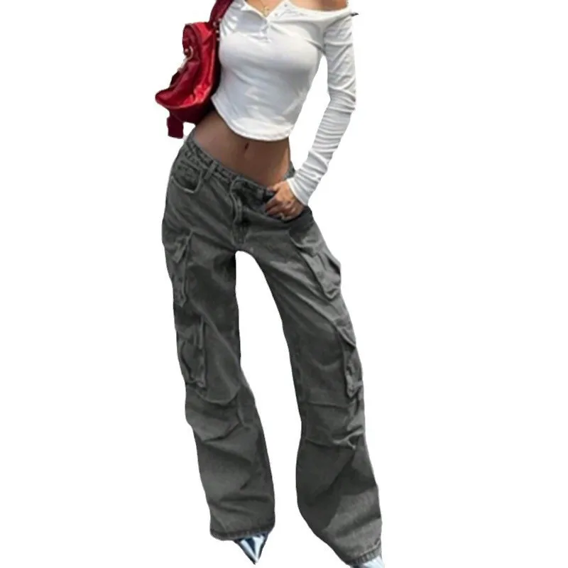 Jeans da donna in stile retrò europeo e americano, pantaloni a gamba dritta dimagranti a vita alta dalla vestibilità ampia, pantaloni da lavoro, pantaloni con tasche, s