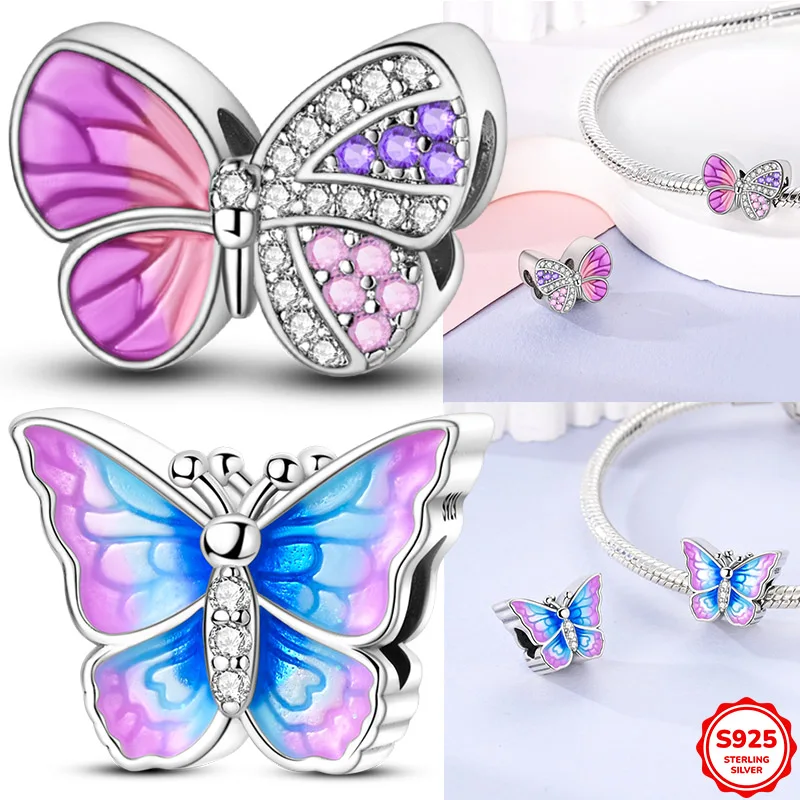 Original Design 925 Sterling Silver Spliced Powder Purple Butterfly Beading Fit Original Womens Bracelet Necklace Jewelry Gift