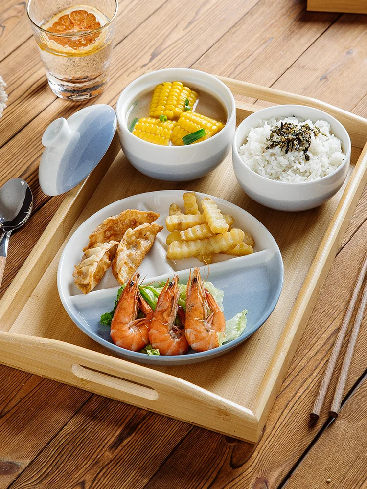 

Gradient Blue Three Dividing Plates Japanese Style Household Aesthetic Ceramic Kitchen Tableware 8 Inch Underglaze Color Plate