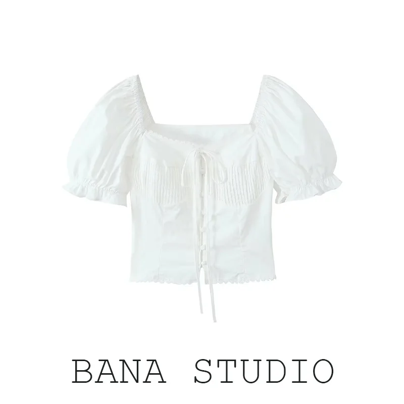 

BANA Белая кружевная отделка ort Sve Bubble Sve irt Женская летняя тонкая свободная блузка с квадратным воротником Повседневная блузка прямого кроя