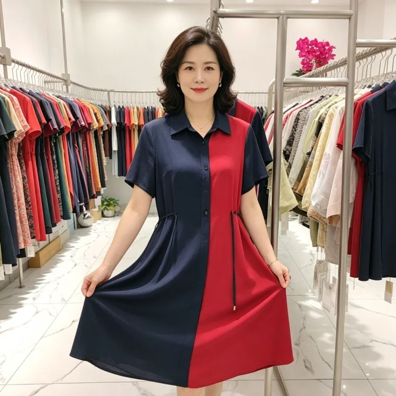 Elegant Middle-aged Women Lapel Short Sleeve Midi Dress Color Block Drawstring Waist Slim Casual Summer Mom Dresses