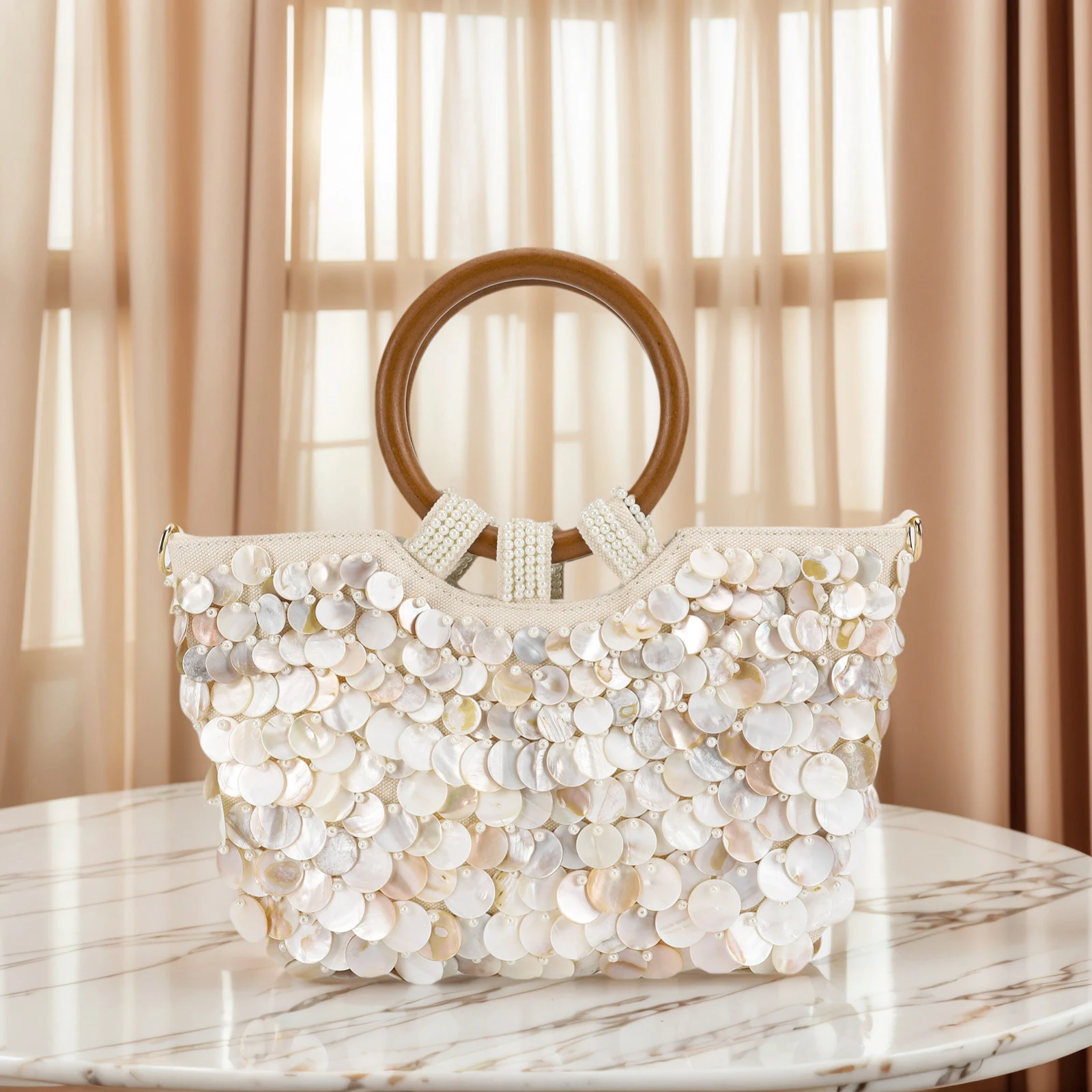 Bolso de mano con cuentas de concha, bolso de noche con mango de madera, bolso de noche hecho a mano, diseñador de lujo para mujer, vacaciones de verano