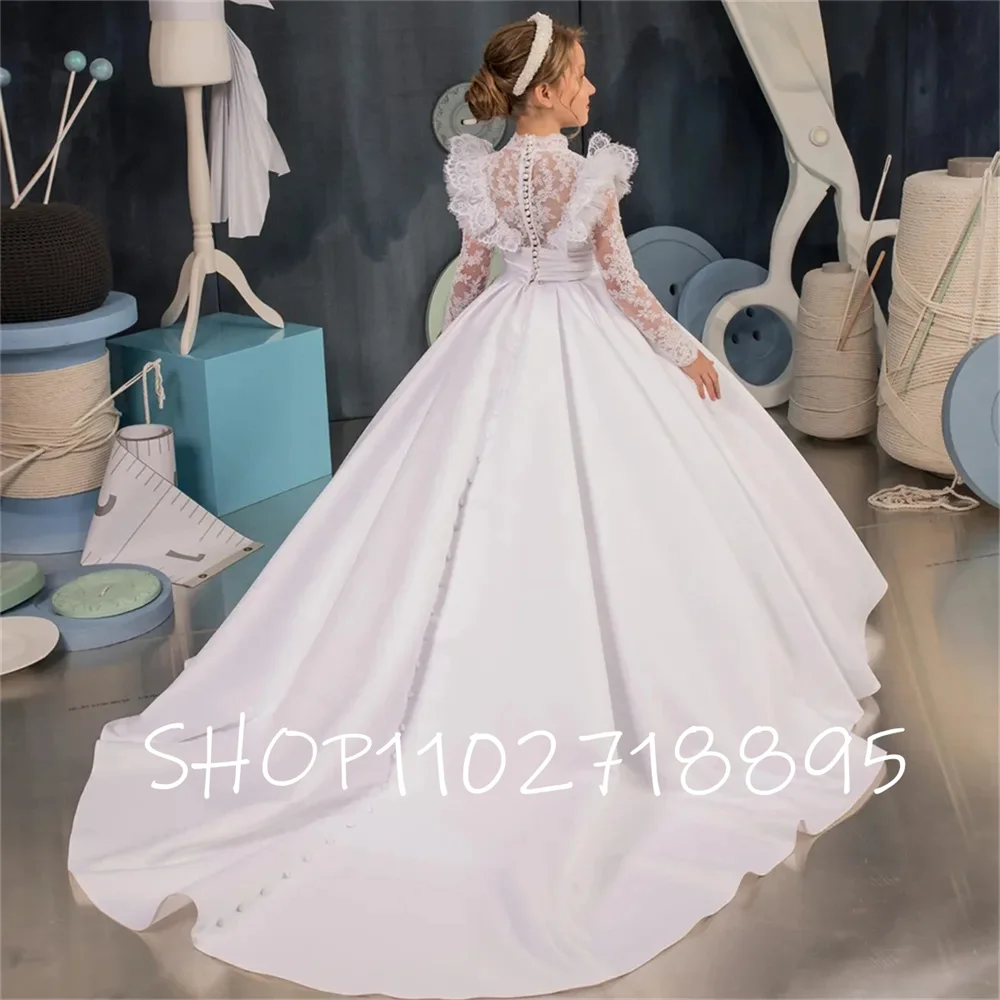 Vestido de encaje satinado blanco para niña, vestido de manga larga brillante para boda, elegante vestido de princesa para fiesta de comunión