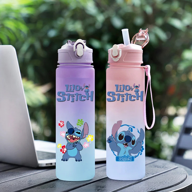 750Ml Disney Lilo Stitch Water Bottle Portable Drinking Cup Thickened Double Straw for Outdoor Sport Fitness Jug with Straw