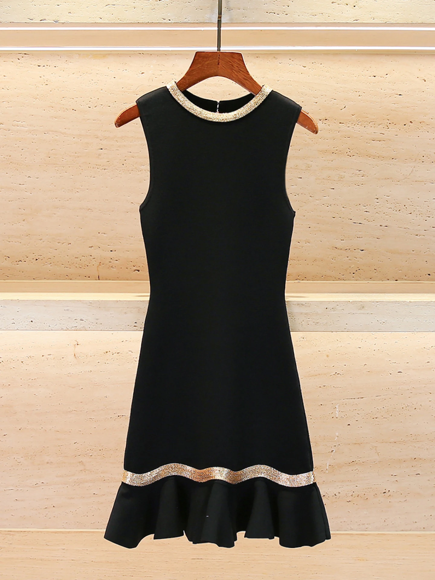 

S Home Nan You High End Women's Summer Gold Trim Sleeveless Fish Tail Vest Knitted Dress Elegant Chic High Waist A-Line Skirt