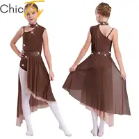 Vestido de baile lírico de Ballet para niñas, puesta en escena, sin mangas, recortado en la espalda, traje de leotardo con falda de malla transparente asimétrica