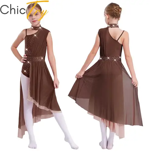 Imagen 1 del producto Vestido de baile lírico de Ballet para niñas, puesta en escena, sin mangas, recortado en la espalda, traje de leotardo con falda de malla transparente asimétrica