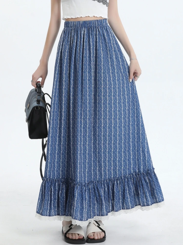 

Qiukichonson Spring Summer Striped Women Long Skirt Teen Girls Goth Lolita Crochet Lace High Waist Ruffle A-Line Cotton Skirts