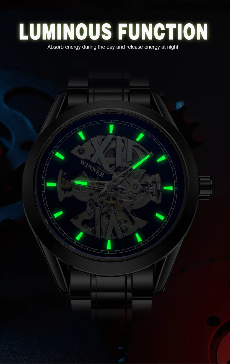 WINNER Black Skeleton Mechanical Watch for Men Luminous Pointers Busienss Automatic Watches Luxury Brand Stainless Steel Strap