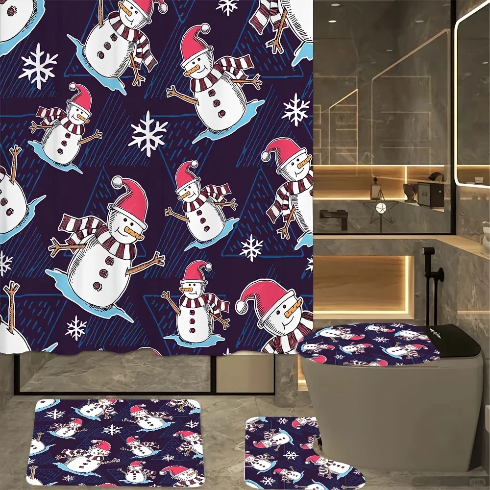 

Cute Snowman Bathroom 4-Piece Set: Shower Curtain, Bath Mat, Toilet Cover, Tank Cover – Festive Winter Decor