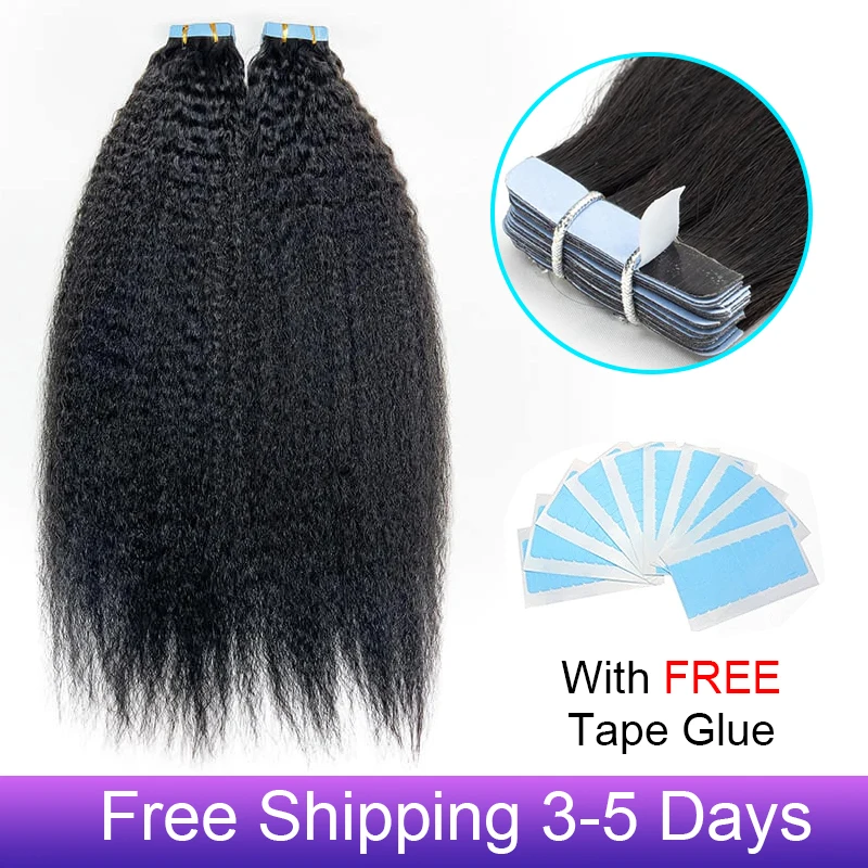 12A Grade Kinky Straight Tape in Human Hair Extensions 100% Remy Tape ins Hair 1B Natural Black 18-30 Inch 25g-100g 10pcs-40pcs