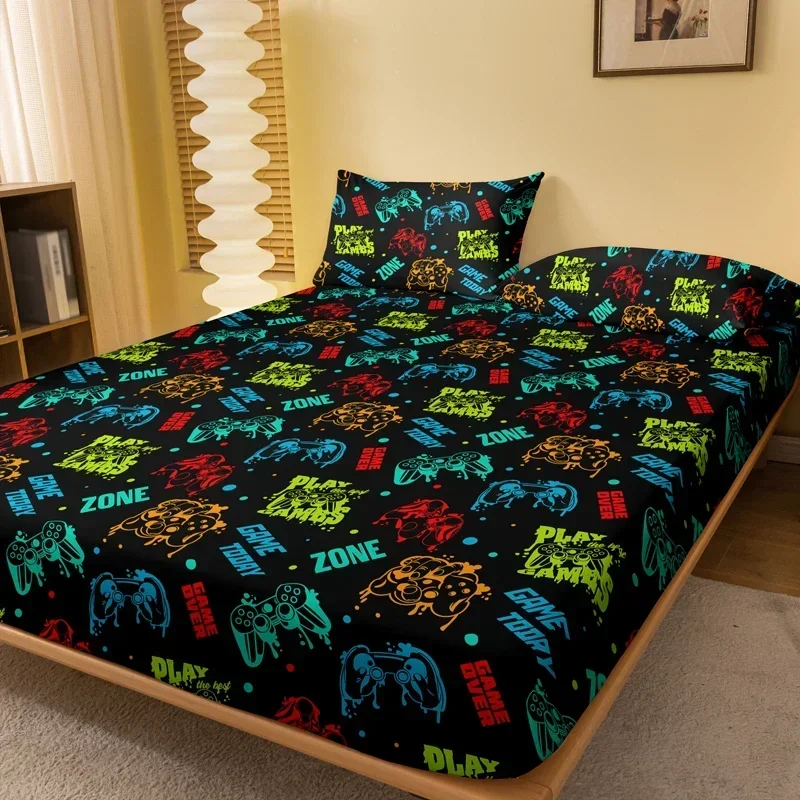 1 Cartoon Fun Game  Printed Matte Fitted Sheet, Bedroom Printed Bed Cover, Bedding (Excluding Pillowcases)