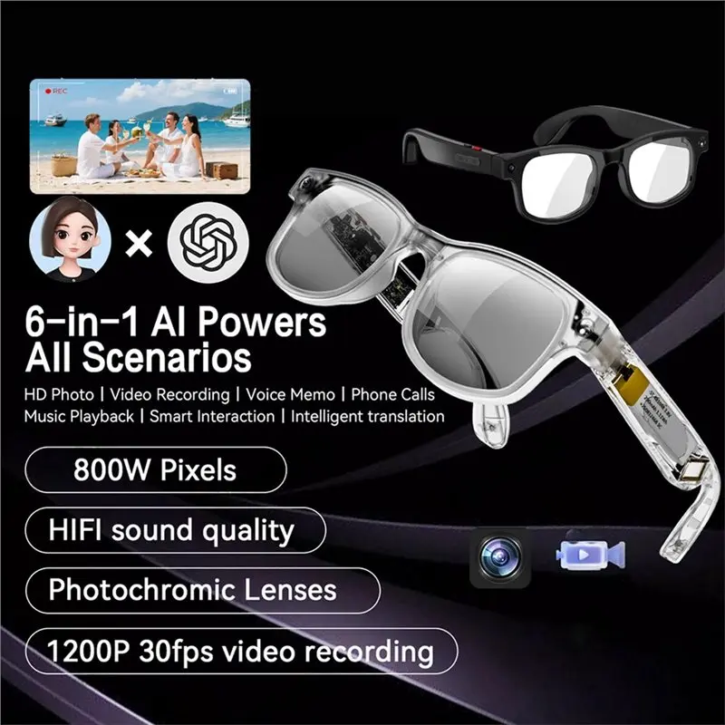 AA08-Chat GPT Translate Smart Glasses Photochromic Multifunction Bluetooth Call Voice Assistant Music Player Camera Glasses