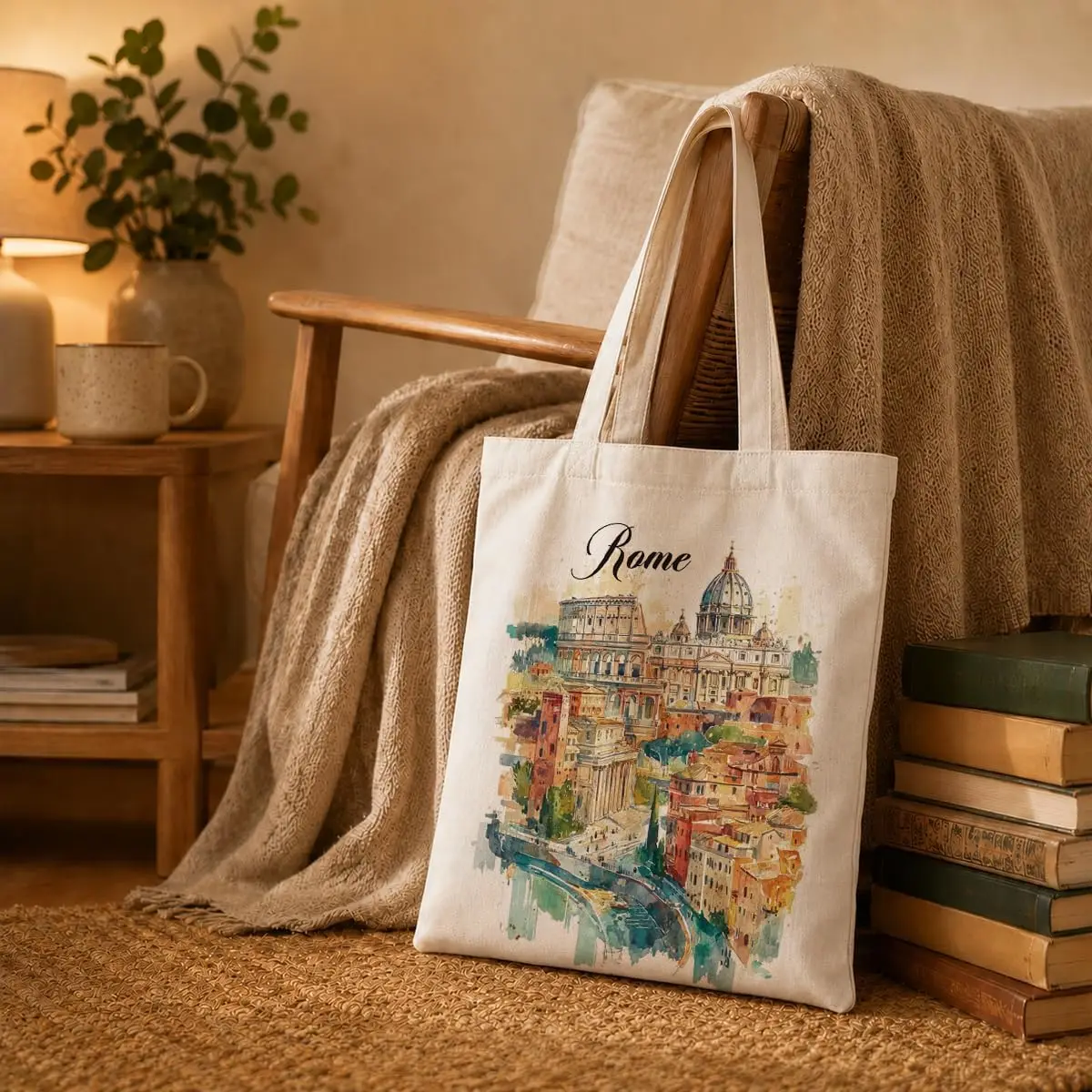 Rome Watercolor Canvas Tote Bag Italy Cityscape Print Reusable Eco Friendly Shopping Shoulder Bag Travel Gift