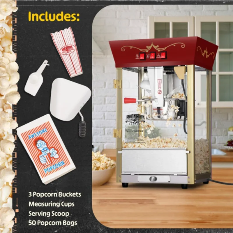Машина для попкорна Matinee с тележкой — Поппер на 8 унций с чайником из нержавеющей стали, согревающим светом и аксессуарами от Great Northern
