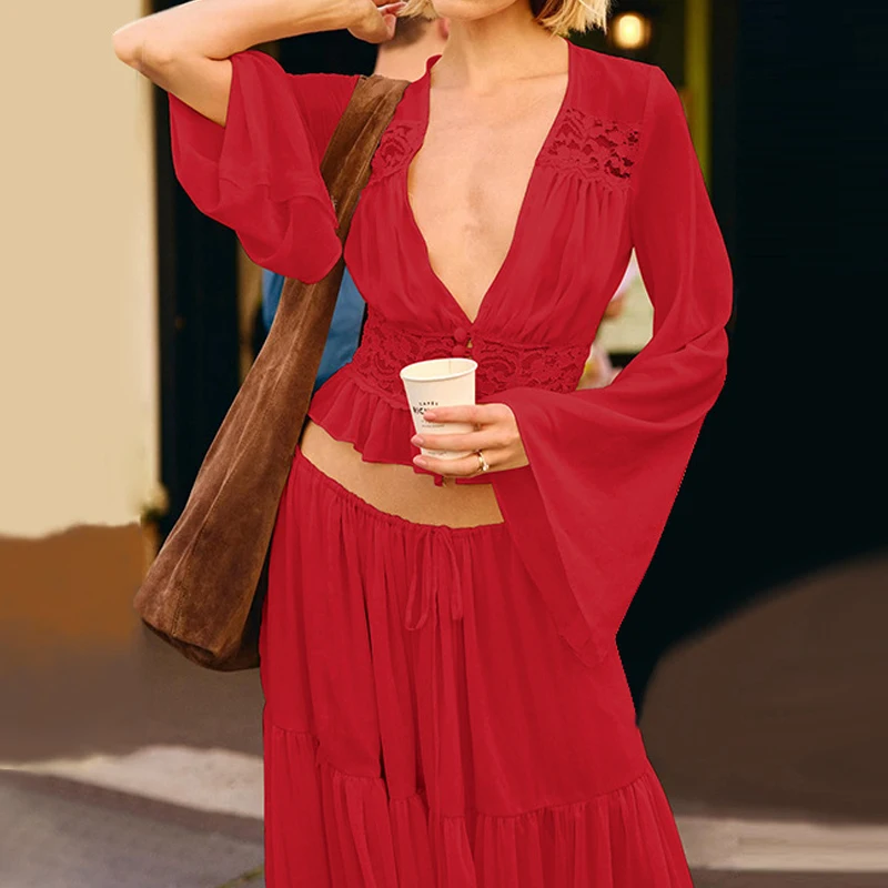 Fashion Solid Long Sleeved Tied Suit Elegant Lace Cardigan+Skirt 2pc Set Sexy Deep V-Neck See Through Loose Beach Holiday Outfit
