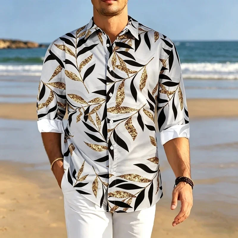 Luxury Black and Gold Willow Leaf Print Men's Long-Sleeved Shirt, Stretch Slim Fit Beach Vacation Collared Casual Shirt