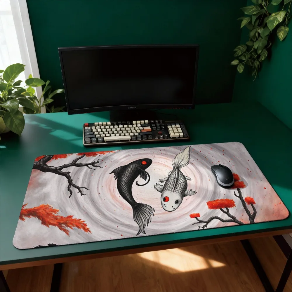 Koi fish design, featuring the Yin-Yang symbol and autumn leaf patterns love and deepspace desk accessories desk mat