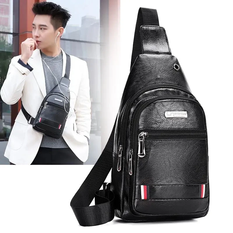 PU Leather Shoulder Bag Men Casual Multifunction Travel Crossbody Bag On Shoulder Sling Bag Messenger Pack Chest Bag for Male