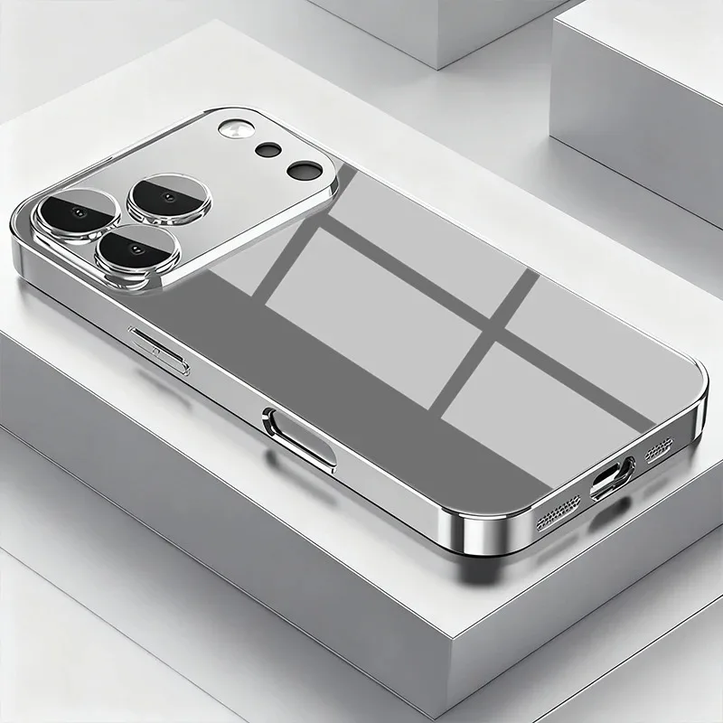 Metal Technology Electroplated Silver Phone Case For iPhone 17 16 15 14 13 12 11 Pro Max Plus 16E 17 Air Tempered Glass Cover