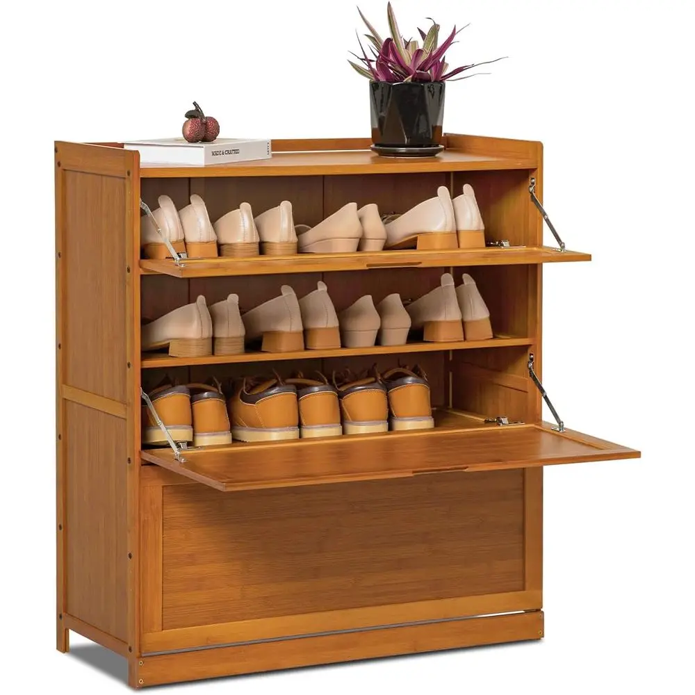 

5-Tier Stackable Bamboo Shoe Storage Cabinet with Pull-Down Door for Hallway Entryway Organization (Brown)