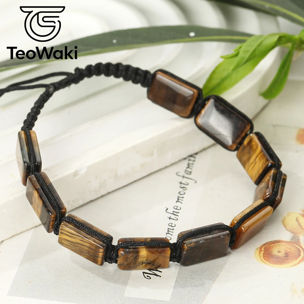 TeoWaki Natural Yellow Tiger Eye Pyramid Beads Braided Bracelet Adjustable Geometric Square Stone Bracelet Fashion Jewelry14+8cm