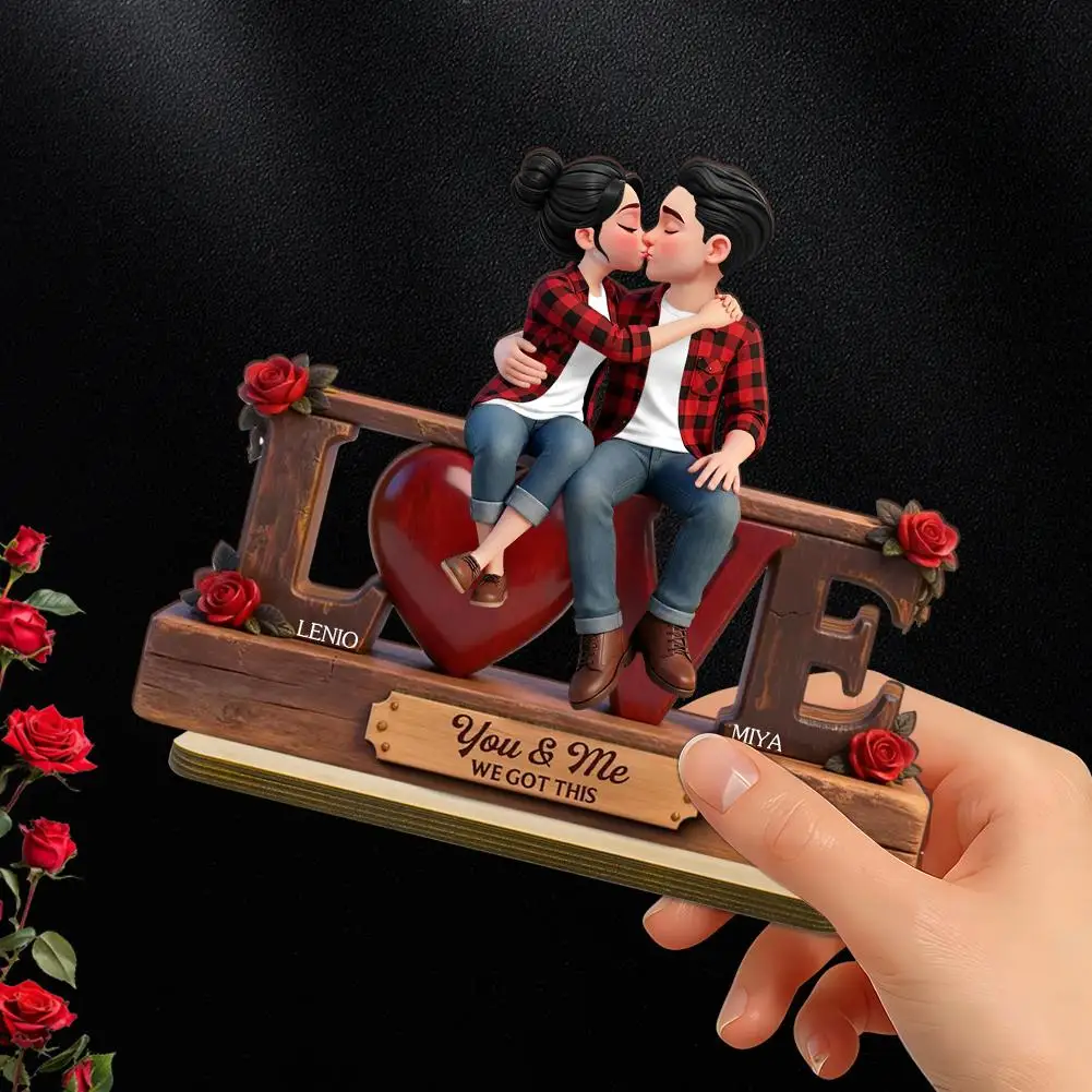Roses LOVE Couple Kissing Personalized Two-Layer Wooden Commemorative Plaque - Gift For Girlfriend On Anniversary