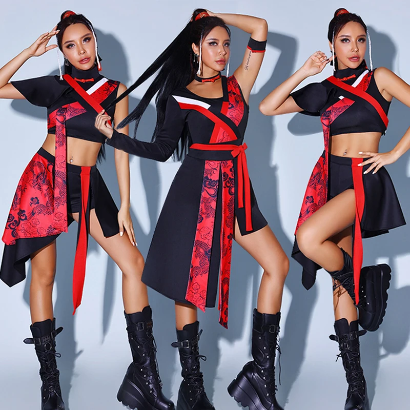 Chinese Style Jazz Dance Performance Costumes For Women Red Black Outfits Girls Group Hip Hop Dance Stage Rave Clothes DQS15234