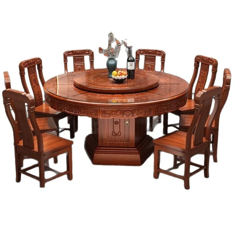 

Обеденный стол и стулья из массива дерева, в китайском стиле, с антикварной резьбой, большой круглый стол из красного дерева.