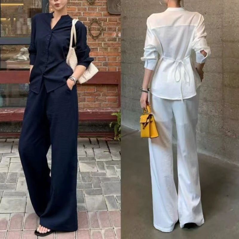 

2026 Lazy Old Money Style Elegant Long Sleeved Top and Slim Fit High Waisted Lace up Casual Pants Two-piece Set