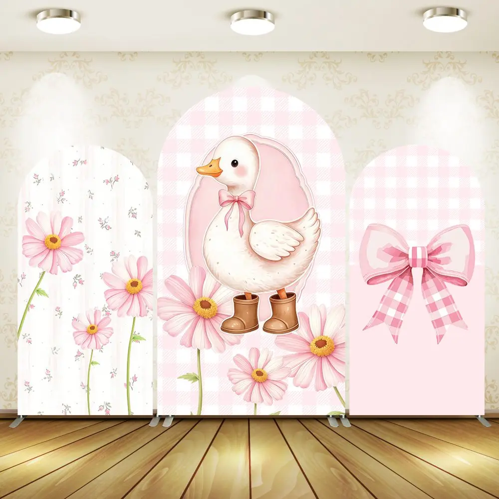 Pink Grid Bow Baby Shower Arch Wall Backdrop for Girls Flowers Silly Goose Birthday Party Decor Background Photobooth Props