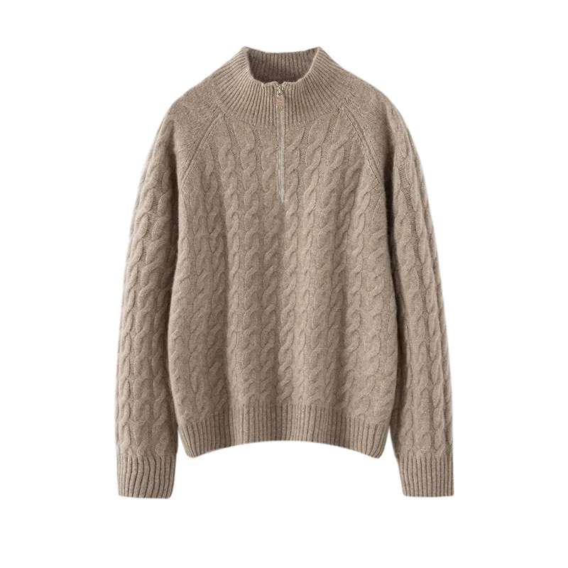 

Новый женский пуловер из 100% чистого кашемира на осень/зиму, повседневный вязаный свитер на молнии, свободный джемпер с воротником-стойкой, теплый и плотный.