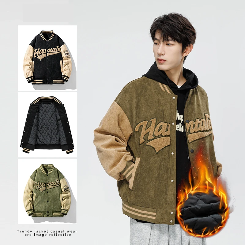 

Men's American Style Splicing Contrasting Color Design Keep Warm Autumn Winter Handsome Wasteland Style Baseball Uniform Jacket