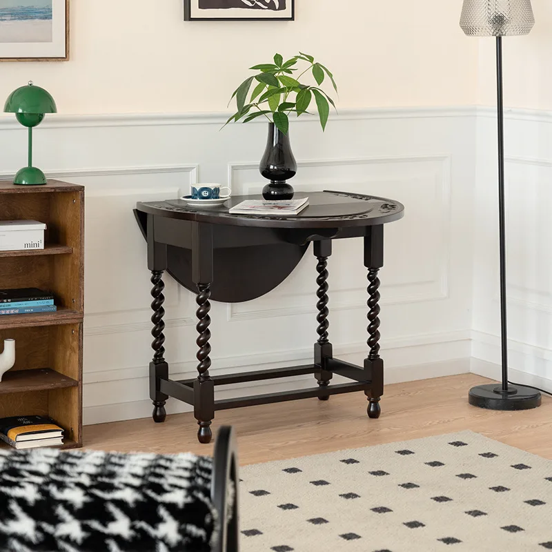 Medieval vintag solid wood table American coffee oval foldable French engraving