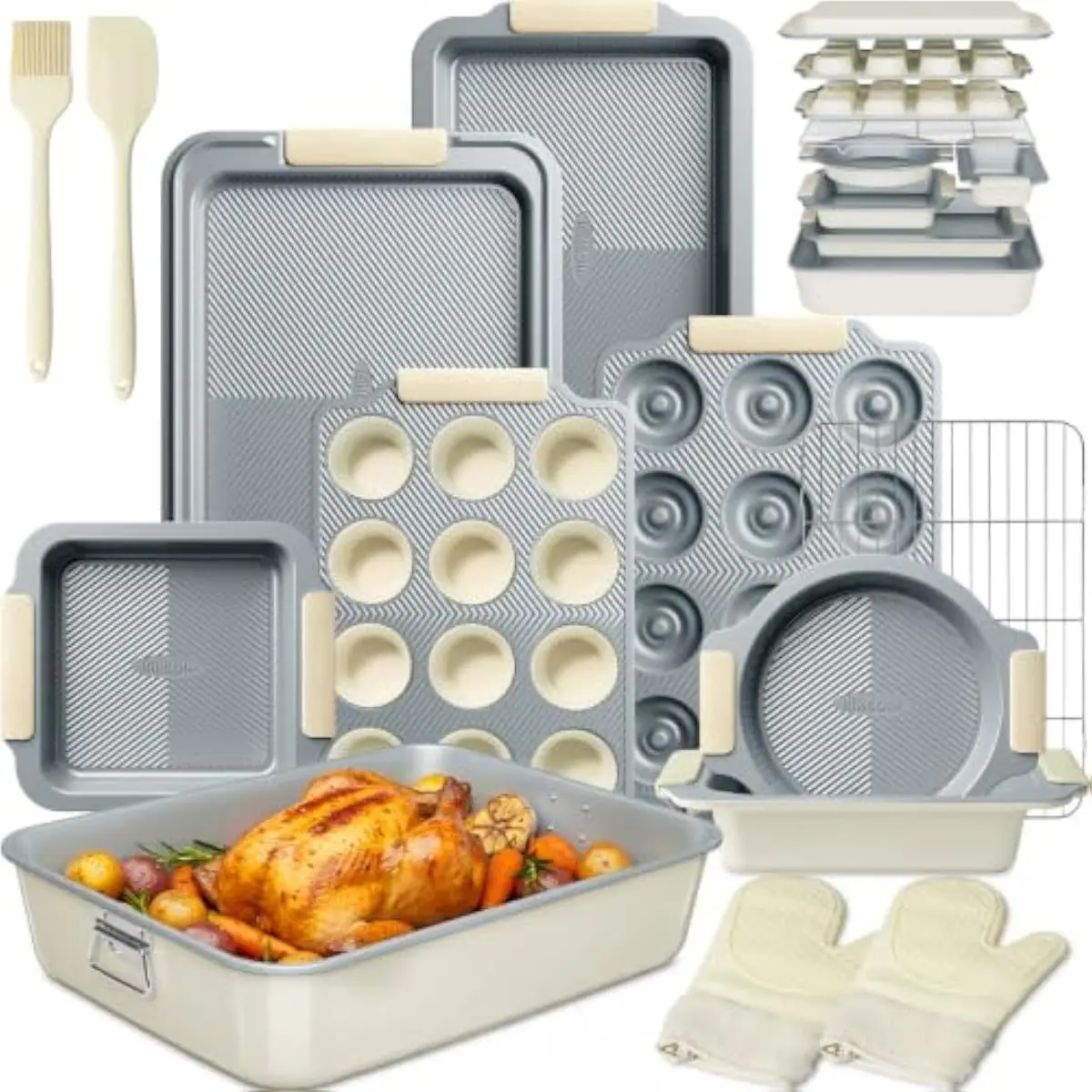25-Piece Heavy-Duty Carbon Steel Bakeware Collection Featuring Roasting Pan Cookie Sheets Muffin Cups Loaf Pan Cooling Rack Sili