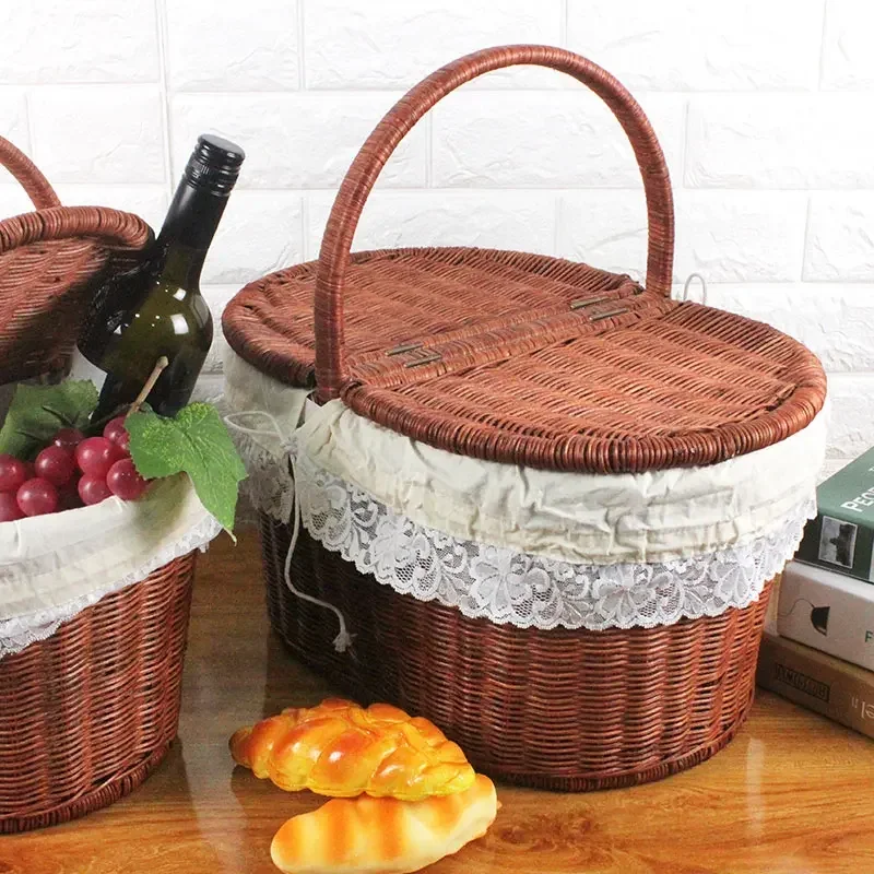 Cesta de mimbre con tapa para Picnic, contenedor de aperitivos de Pascua, caja de almacenamiento multifunción, suministros para el hogar