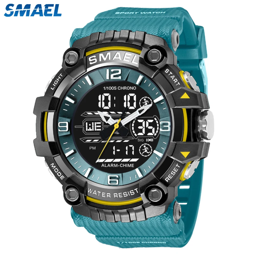 SMAEL Brand Sport Watch Men Quartz Wristwatches Waterproof Dual Time Display Military Male LED Large Screen Digital Clock Alarm